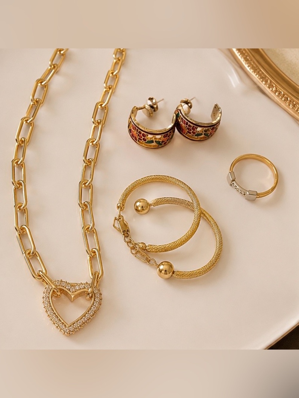✨Mixed Set | Crystal Heart Necklace + Floral Hoops/Textured Hoop Earrings/Ring✨